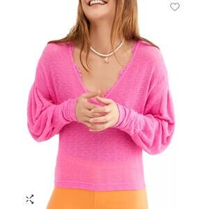 Free People Dream Girl Hot Pink Pointelle‎ V-Neck Bishop Sleeve
